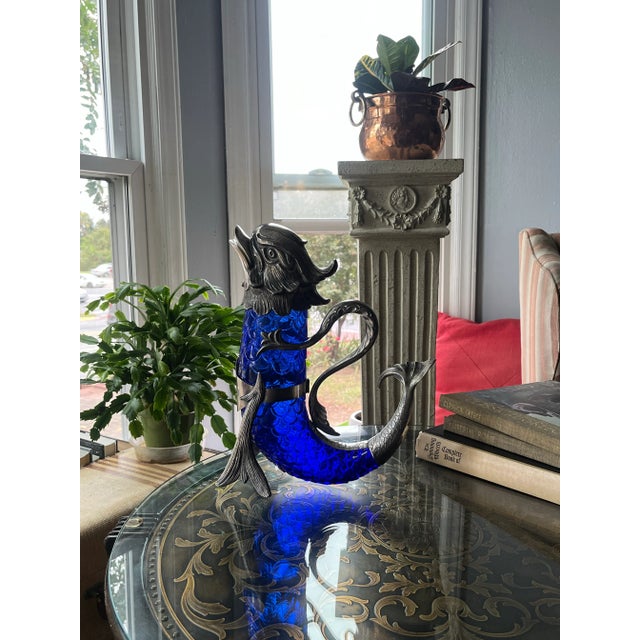 Hand-Blown Sapphire Blue Glass Claret With Silver Motifs For Sale - Image 10 of 12