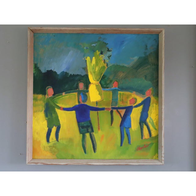 CIRCLE OF LIGHT Size: 24.8 x 24.8 inches (including frame) Oil on board An endearing and uplifting mid-century figurative...