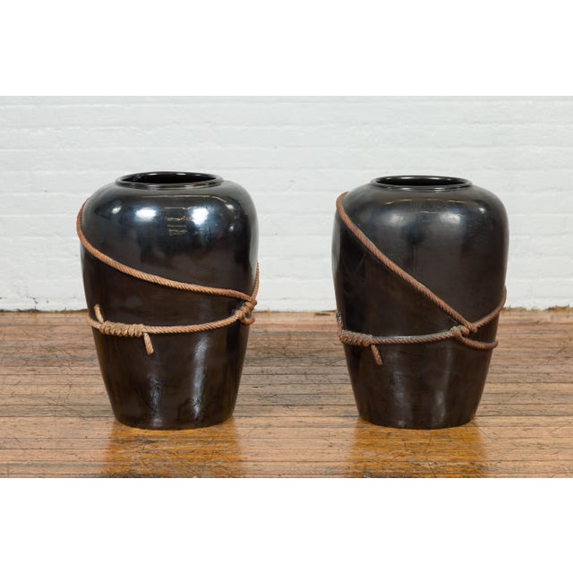 Eclectic Large Black Planter or Vase with Rope and Newspaper Motifs, Sold Each For Sale - Image 10 of 12