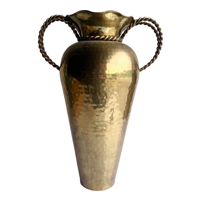Vintage Hammered Brass Vase With Twisted Copper Handles | Elegant Decorative Accent For Sale