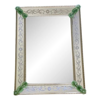 Italian Rectangular Mirror in Murano Glass with Green Floral Carved Accents by Simoeng for Simoeng For Sale
