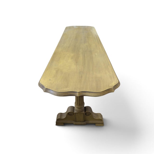 Vintage Butter Yellow Painted Trestle Sofa Table With Scalloped Top For Sale - Image 14 of 18
