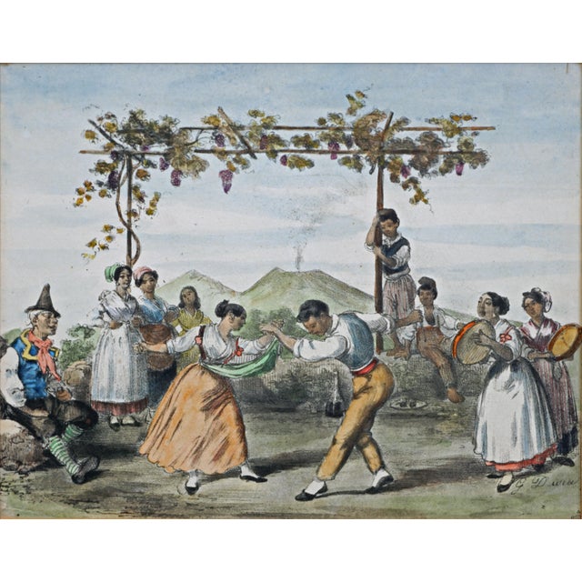 Mid 19th Century Antique Italian Lithograph Hand-Colored Set of 4 Traditional Dances & Games Silk Mats Gilt Frames For Sale - Image 5 of 16