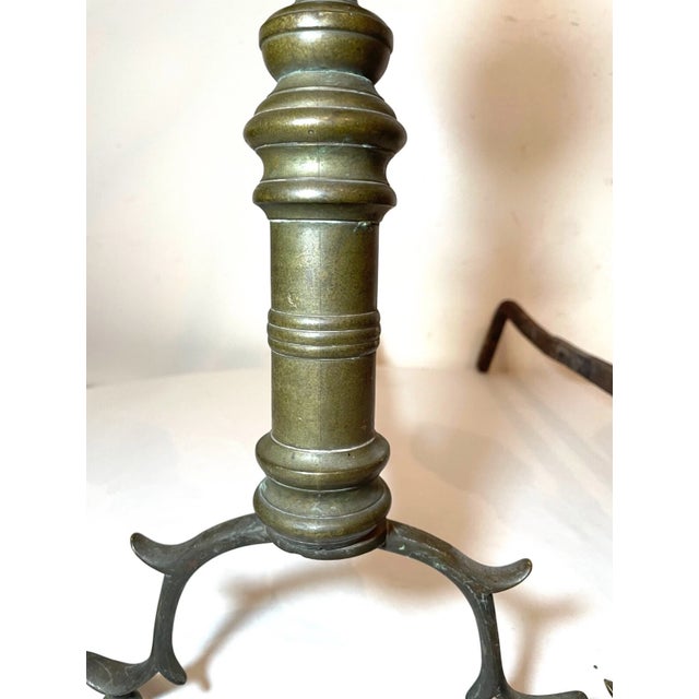 Pair of Turned 18th Century Peened Brass Wrought Iron Georgian Andirons 1700's For Sale In New York - Image 6 of 12