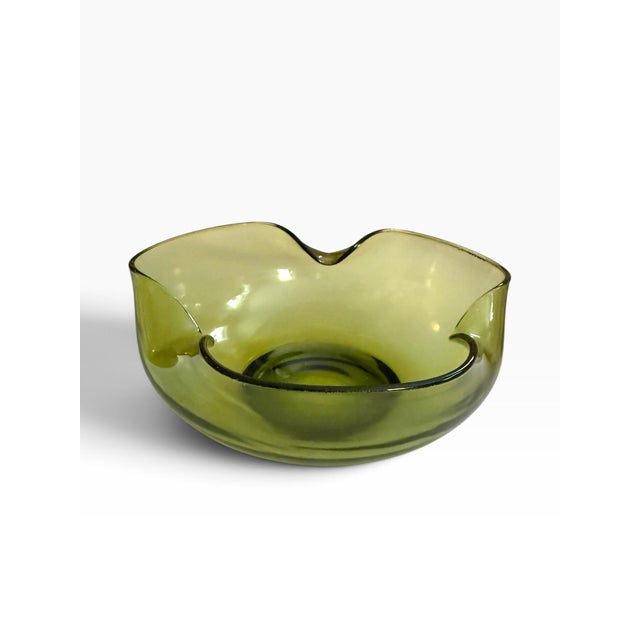 Vintage Olive Green Glass Bowl | Organic Freeform Scalloped Rim | Mid-Century Style For Sale - Image 4 of 5