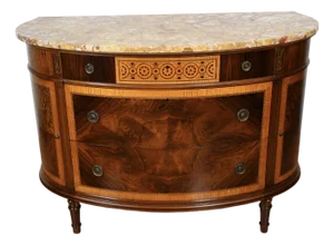 1900 Antique French Louis XVI Rosewood & Satinwood Inlaid Marble Top Demi-Lune