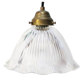 Vintage French Holophane Clear Pressed Glass Pendant Light For Sale
