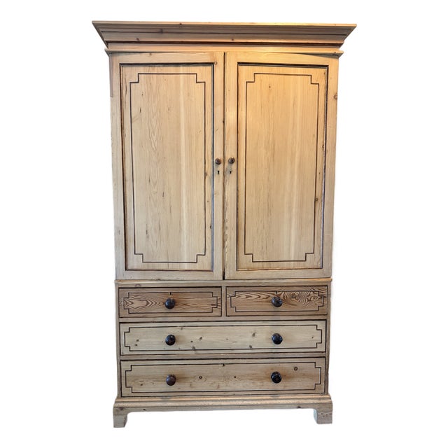 19th Century English Painted Pine Linen Press Armoire With Faux Inlay For Sale