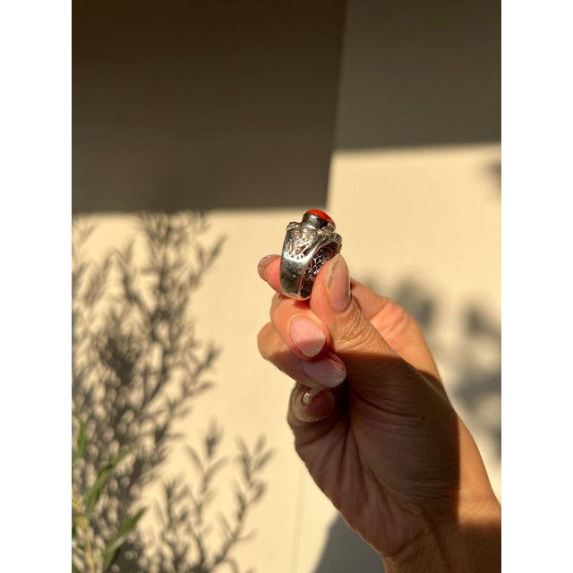 Japanese Red Coral (OX Blood Coral) and Diamond Ring in 18K White Gold, Size 7.5 For Sale In Portland, OR - Image 6 of 12