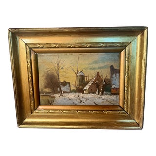 Miniature 1800s Oil Painting on Board Windmill Dutch Landscape in Winter For Sale