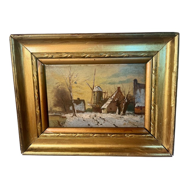 Miniature 1800s Oil Painting on Board Windmill Dutch Landscape in Winter For Sale