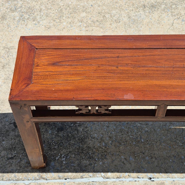 Vintage Asian Carved Elm Wood 44” Long Bench Accent Table Window Seat Plant Stand For Sale - Image 4 of 11