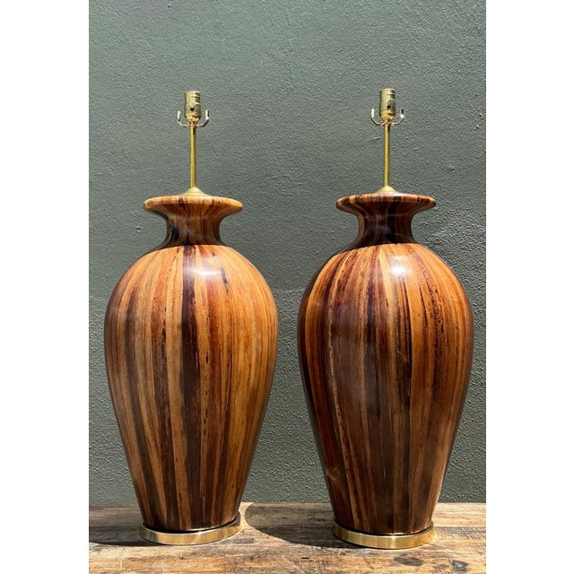 Vintage Striped Wood Table Lamps With Brass Base - a Pair For Sale - Image 14 of 15