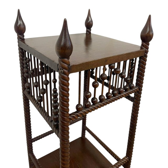 1970s Vintage Barley Twist Wood Plant Stand / Side Table With Turned Spindle Gallery and Finials For Sale - Image 5 of 10