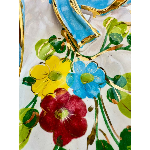 Rustic European Vintage Italian Majolica Style Floral Double Leaf Serving Dish With Blue Bow and Gold Gilt For Sale - Image 3 of 12