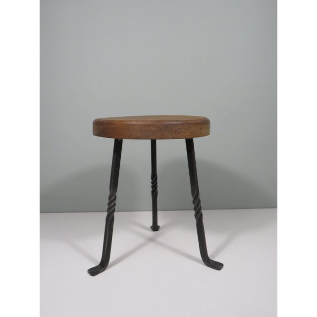 3-Legged Stool with Thick Oak Seat and Wrought Iron Base, France, 1960s For Sale - Image 10 of 10