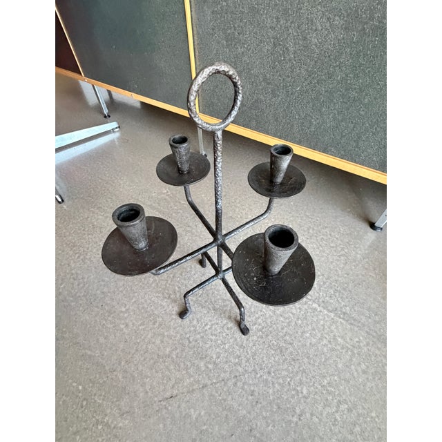 Mid-Century Modern 30s Tommi Parzinger for Rena Rosenthal Hammered Bronze Candelabrum Brutalist Four-Arm Candle Holder For Sale - Image 3 of 14