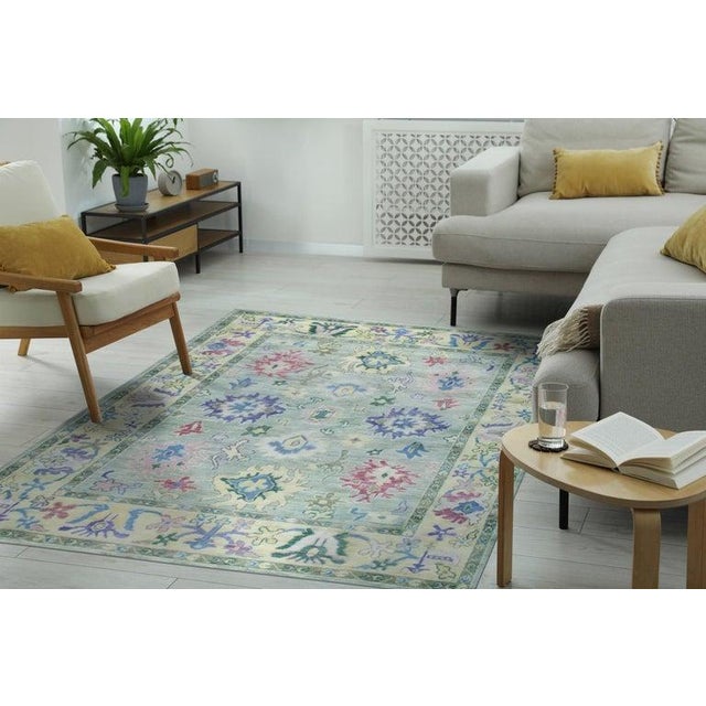 Contemporary 8x10 Green Hand-Knotted Wool Pastel Floral Field Classic Traditional Carpet Rug For Sale - Image 3 of 7