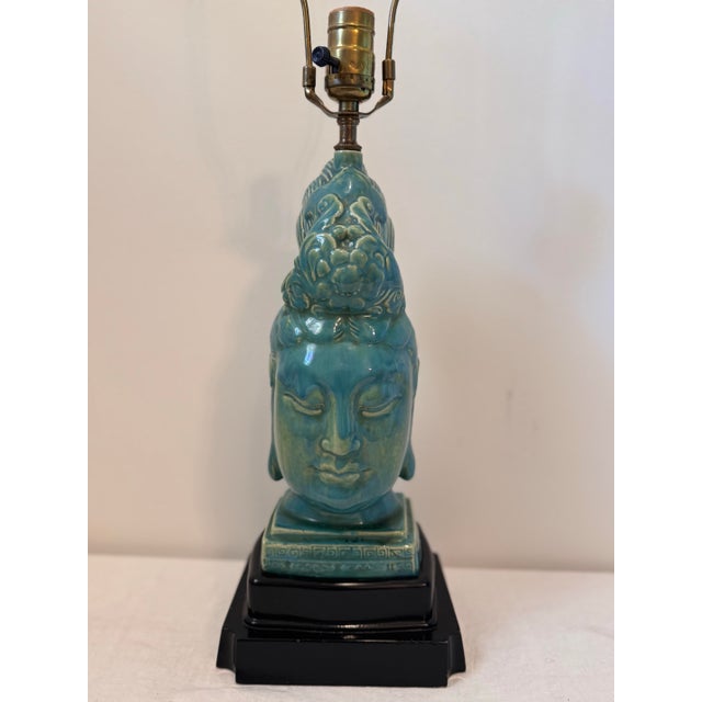 Hollywood Regency Mid-20th Century Turquoise Glazed Buddha Head Bust Lamp For Sale - Image 9 of 12