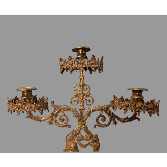 Antique Victorian Gilt Cast Metal 3 Light Figural Candelabra Girl with Animals on a stepped marble of alabaster base In...