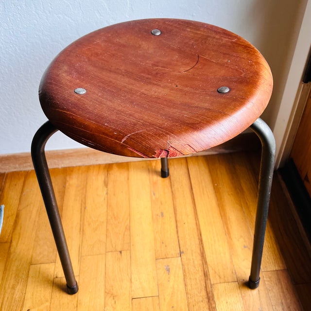 1950s Stalmobler Mid Century Danish 3 Leg Dot Stools Pair Steel Teak MCM For Sale - Image 9 of 18