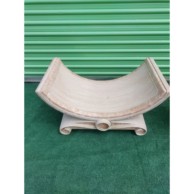 Wood Vintage Molded Pencil Reed Betty Cobonpue Faux Peach Marble Mid Century Bent U Shape Swirl Leg Coffee Table For Sale - Image 7 of 10