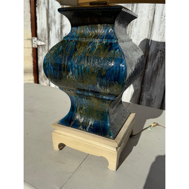 Ceramic 1940s Monumental Square Hollywood Regency Blue Multicolor Large Lamp Style After Fortuny & Parchment Shade For Sale - Image 7 of 18