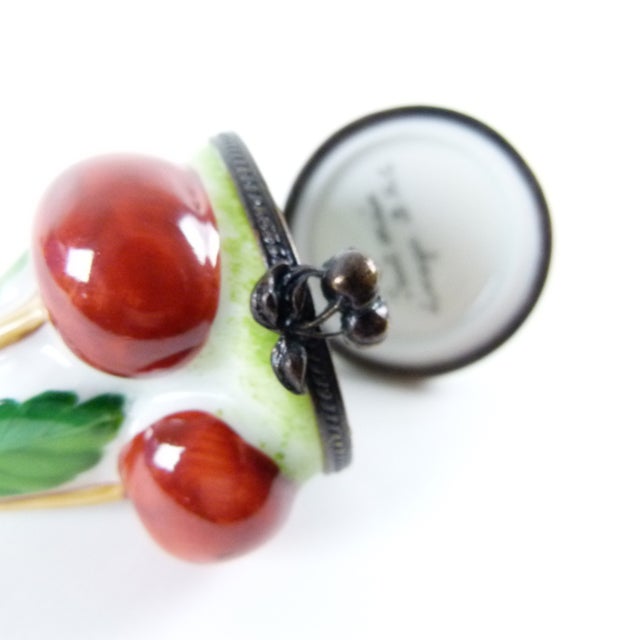 Metal Limoges France Porcelain Plump Red Cherries Trinket Box | Hand Painted by the b.r.c. Studio. For Sale - Image 7 of 10