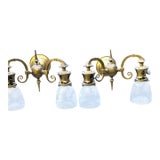 Vintage Brass Two Arm Wall Sconces With Vintage Acid Etched Shades - a Pair For Sale