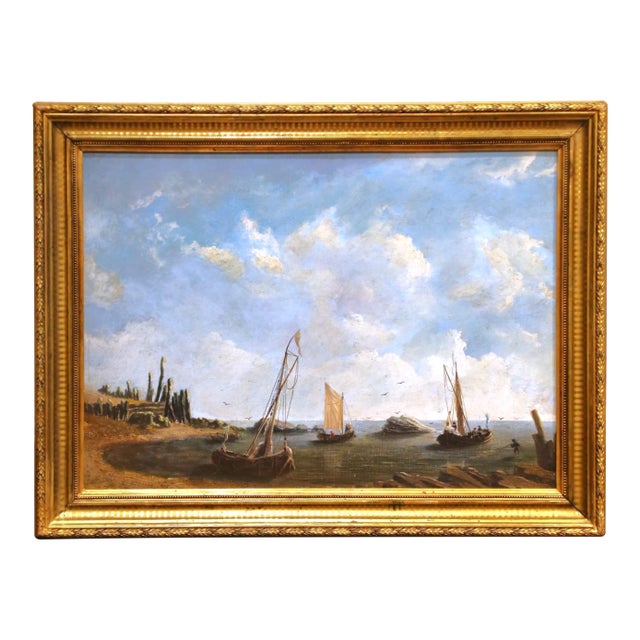 19th Century French Coastal Marine Oil Painting of Fishing Boats in Gilt Frame For Sale