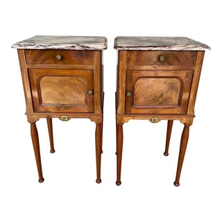 French Oak Marble Brass Nightstands or Side Cabinets - a Pair For Sale