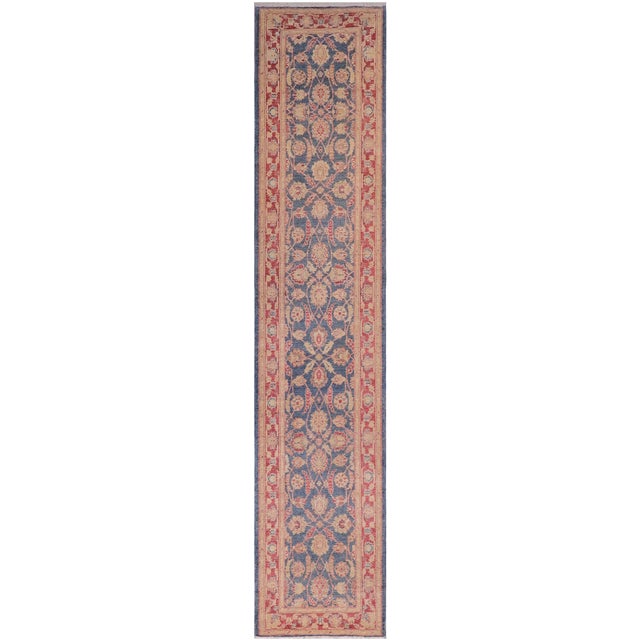 Shabby Chic Ziegler Blue/Red Wool Runner Rug- 3'1'' X 14'5'' For Sale - Image 10 of 10