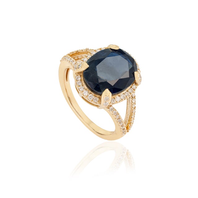 VR Jewels Royal 6.11ct Blue Sapphire Diamond Split-Shank Halo Ring Size 4 in 14k Gold For Sale - Image 4 of 17