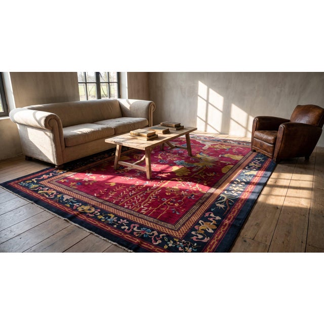 1920s Ruby Red Scene Floral Antique Chinese Art Deco Carpet 9' X 14' Knotted Wool Rug For Sale - Image 12 of 12
