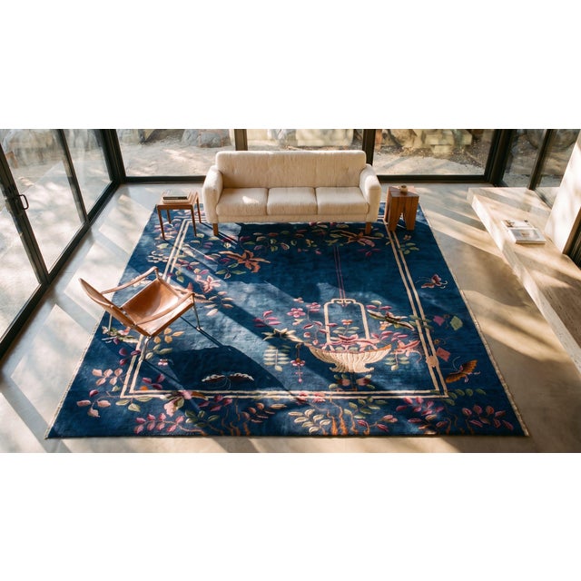 Beautiful Botanical Pattern With Navy Background Color Antique Chinese Art Deco Rug For Sale - Image 13 of 15