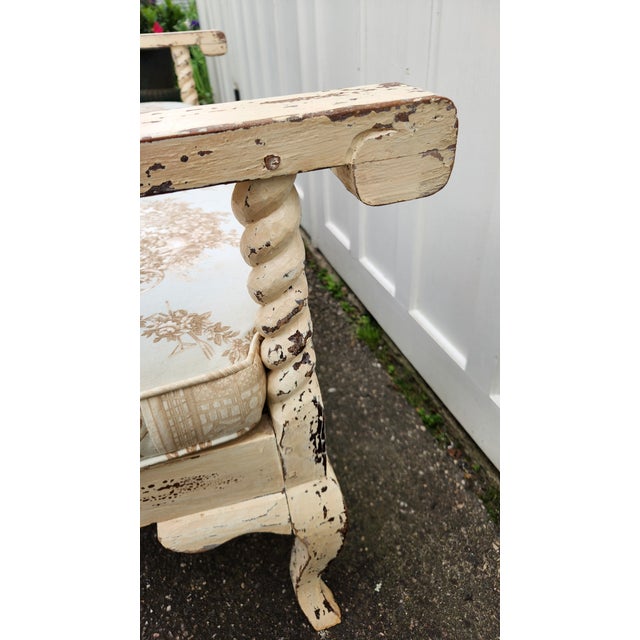 Vintage French Country Distressed Cream Painted Carved Wood Settee With Custom Toile Cushion For Sale In New York - Image 6 of 15