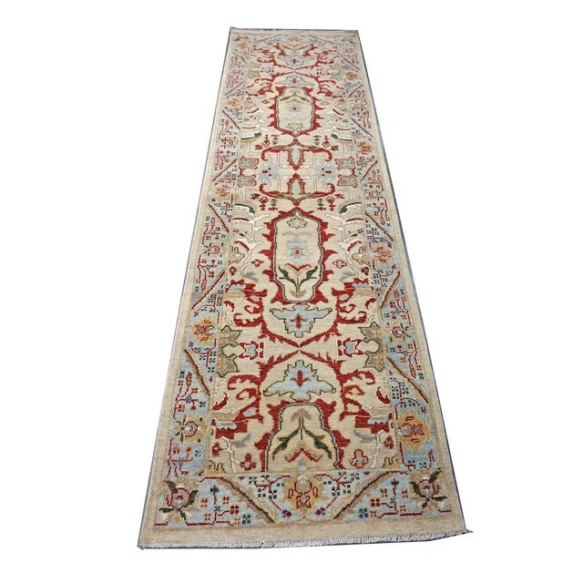 21st Century Afghan Sultanabad 3x10 Tan, Red & Light Blue Handmade Runner Rug #1144042