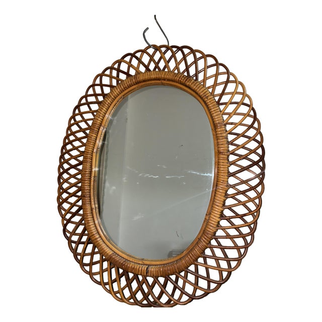 Vintage Wicker Mirror, 1950 For Sale