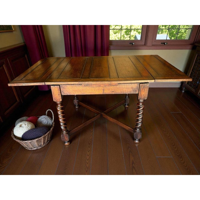 1930s Solid Oak Quarter Sawn Draw Leaf Barley Twist Dining Table For Sale - Image 11 of 12