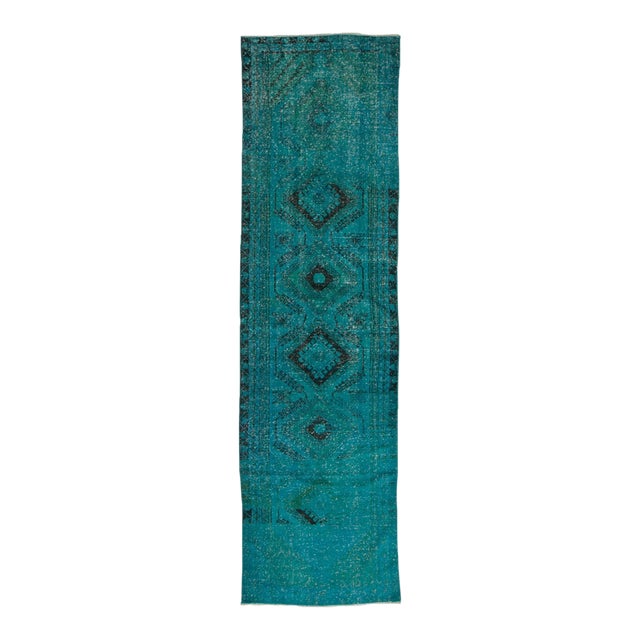 Vintage Turkish Turquoise Blue Overdyed Runner Rug 3′4″ × 12′ Chairish