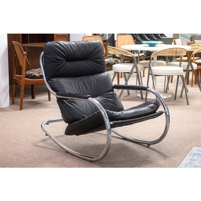 Milo Baughman Milo Baughman for Dia Black Leather and Tubular Chrome Vintage Rocker & Ottoman For Sale - Image 4 of 11