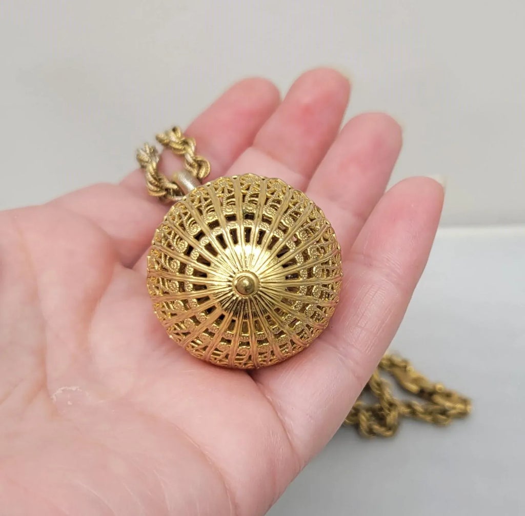 Vintage 1960s Signed Monet Goldtone Filigree Ball Pendant  VTG Monet Bolero Brushed Gold Filigree Ball Drop Pendant Necklace main image 0