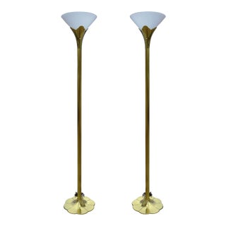 Art Deco Style Stiffel Brass Tulip / Lily Torchiere Floor Lamps on Lotus Base - a Pair For Sale