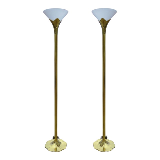Art Deco Style Stiffel Brass Tulip / Lily Torchiere Floor Lamps on