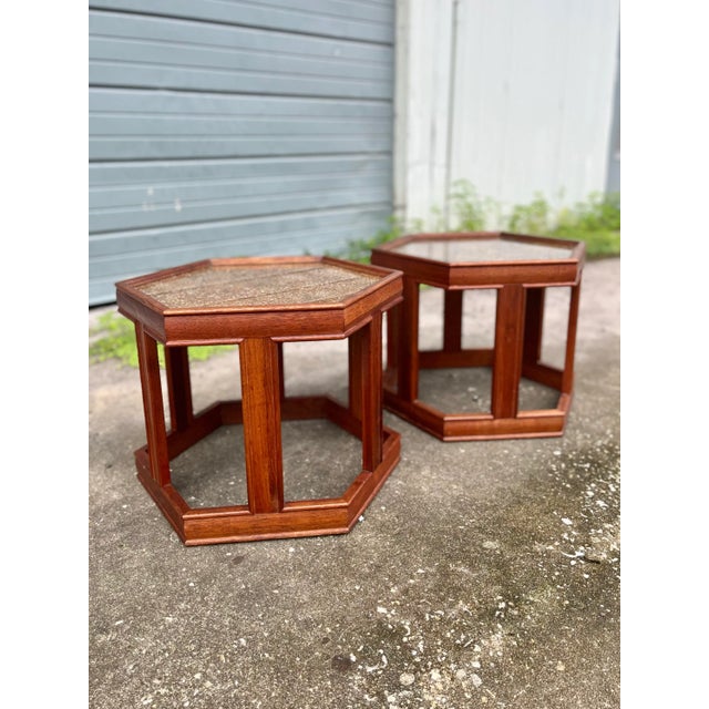 Mid 20th Century Mid Century Modern Pair of Hexagon Side Tables With Speckle Motif at Glass Top | by Brown Saltman For Sale - Image 5 of 13