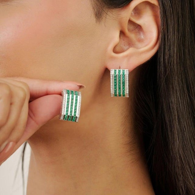 Not Yet Made - Made To Order Multi-Band Green Onyx & Zircon Statement Silver Earrings- A Pair For Sale - Image 5 of 11