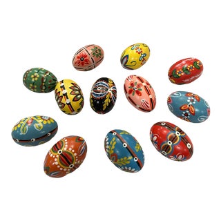 Vintage Pysanky Folk Art Hand Painted Wooden Eggs Set of 12 For Sale