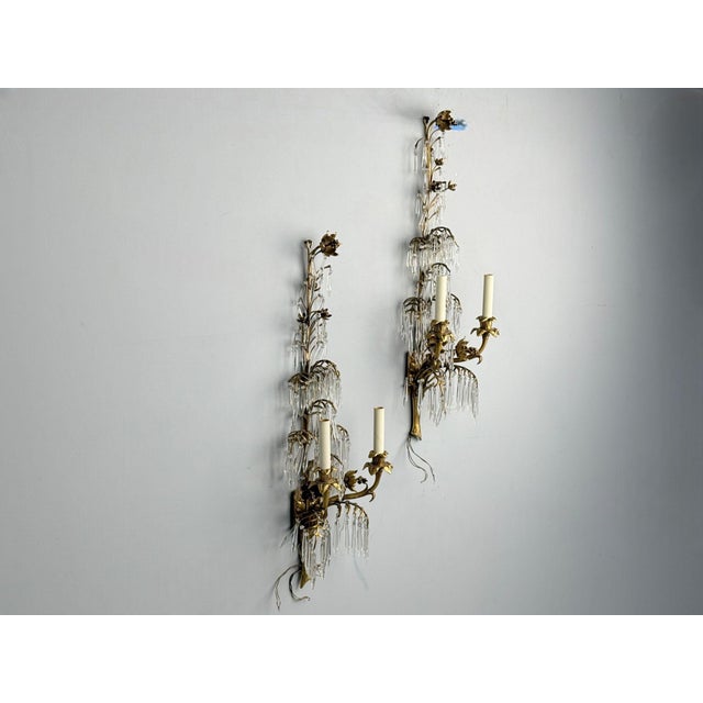 French Louis Xv, Bronze, Cut Crystal, Large Wall Sconces, France, 1930s For Sale - Image 4 of 12