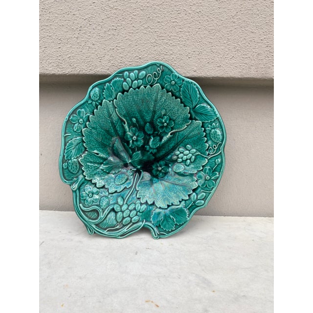19th Century English Green Majolica Strawberry Platter. 9.3" by 8.5 inches.