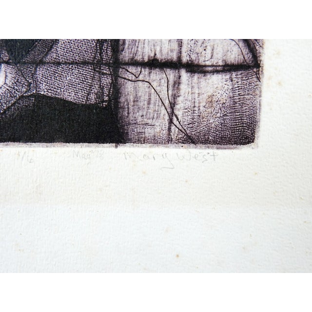 Abstract etching on paper in dark purple. Signed Mary West, dated 1978, titled in German in pencil along lower margin....